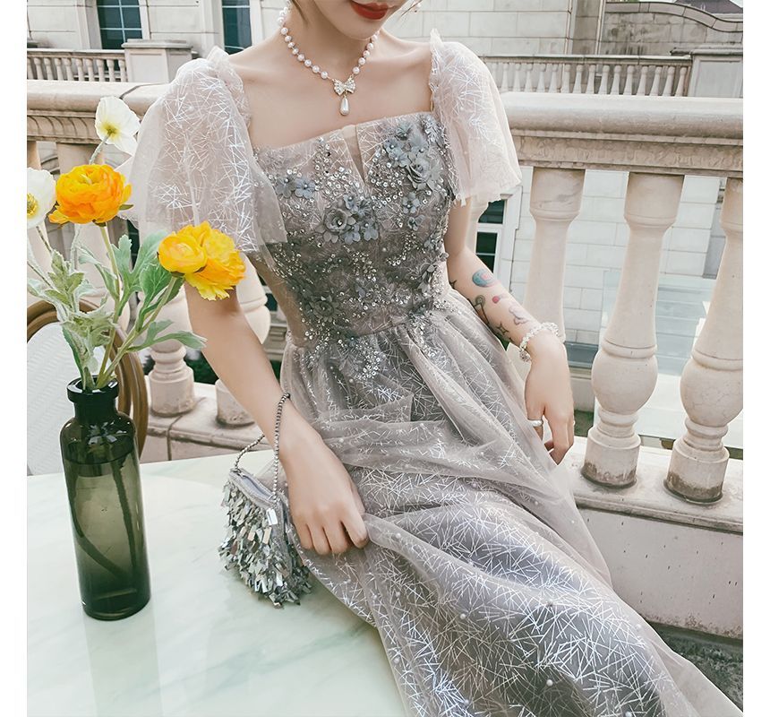 Gown Evening Short-Sleeve A-Line / Cocktail Dress Flower Accent