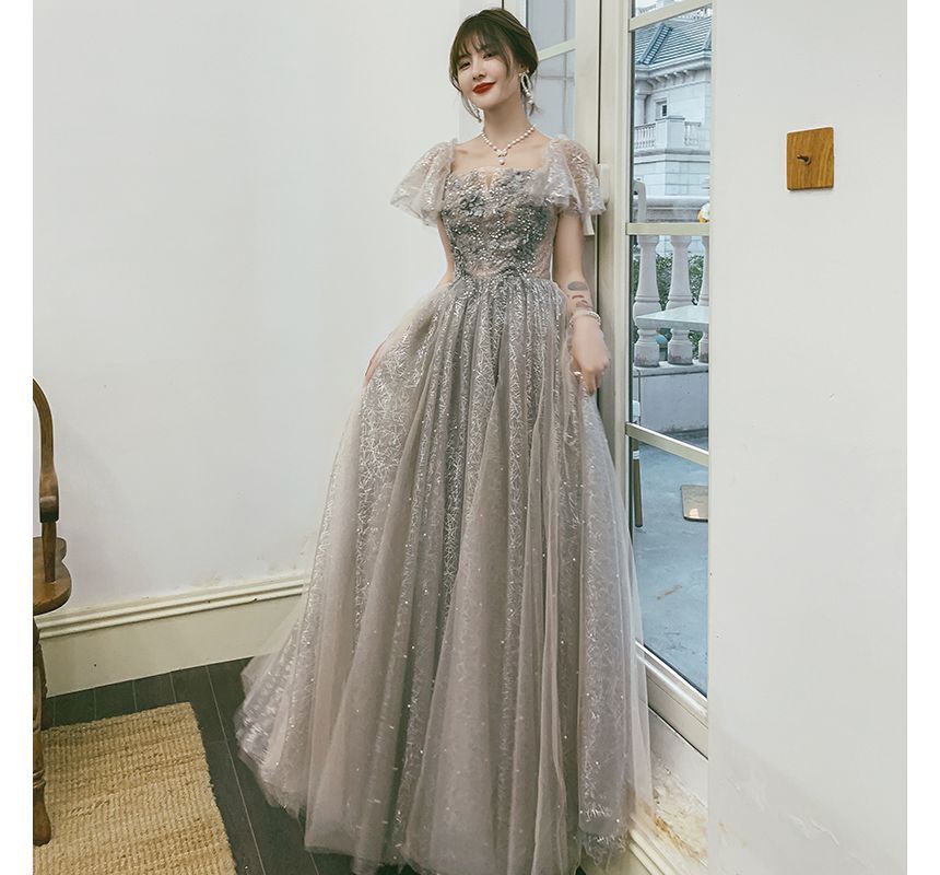 Gown Evening Short-Sleeve A-Line / Cocktail Dress Flower Accent