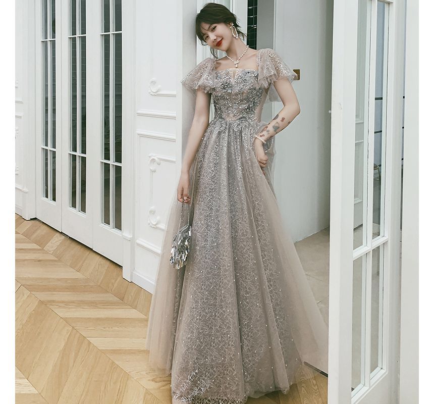 Gown Evening Short-Sleeve A-Line / Cocktail Dress Flower Accent