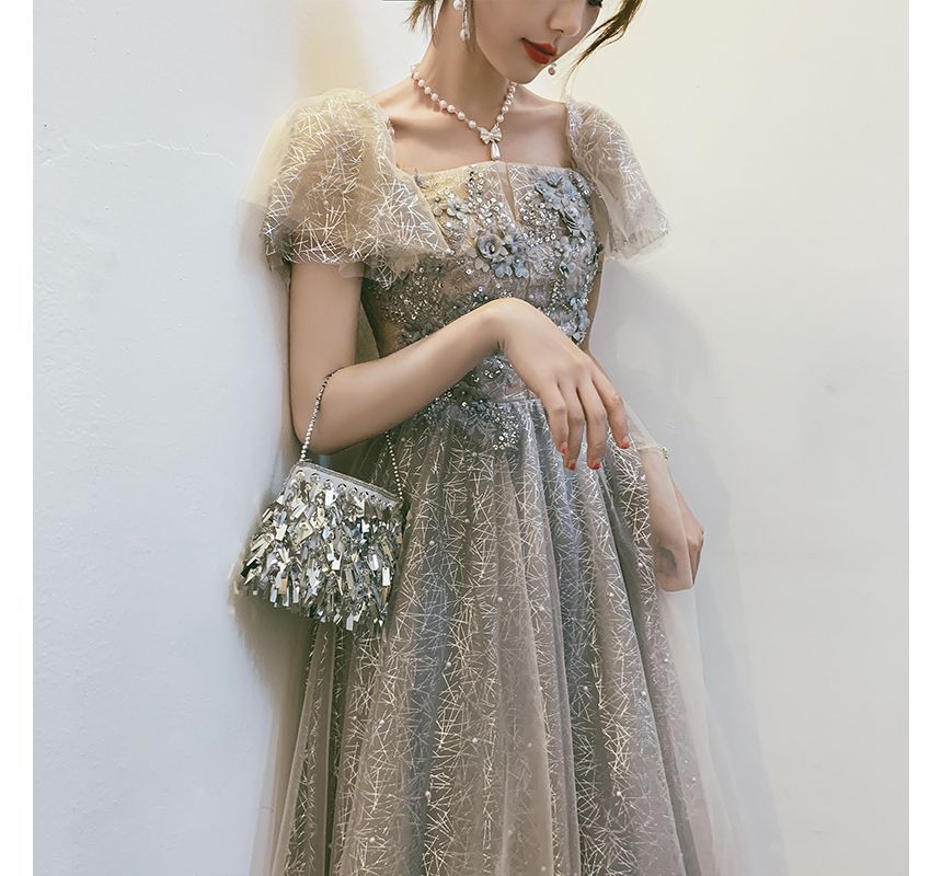 Gown Evening Short-Sleeve A-Line / Cocktail Dress Flower Accent