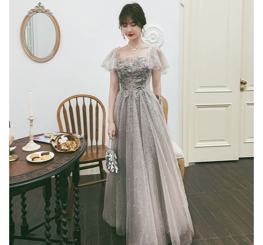 Gown Evening Short-Sleeve A-Line / Cocktail Dress Flower Accent