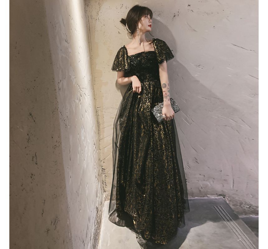 Gown Evening Short-Sleeve A-Line / Cocktail Dress Flower Accent