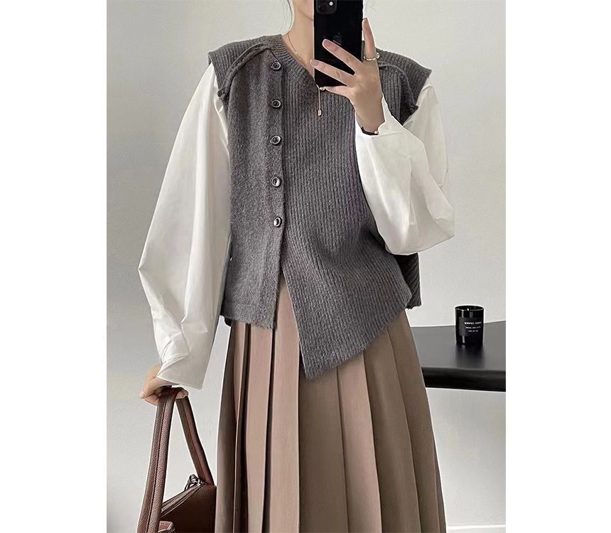 Button-Up Sweater Vest Crew Asymmetrical Neck Plain Hem