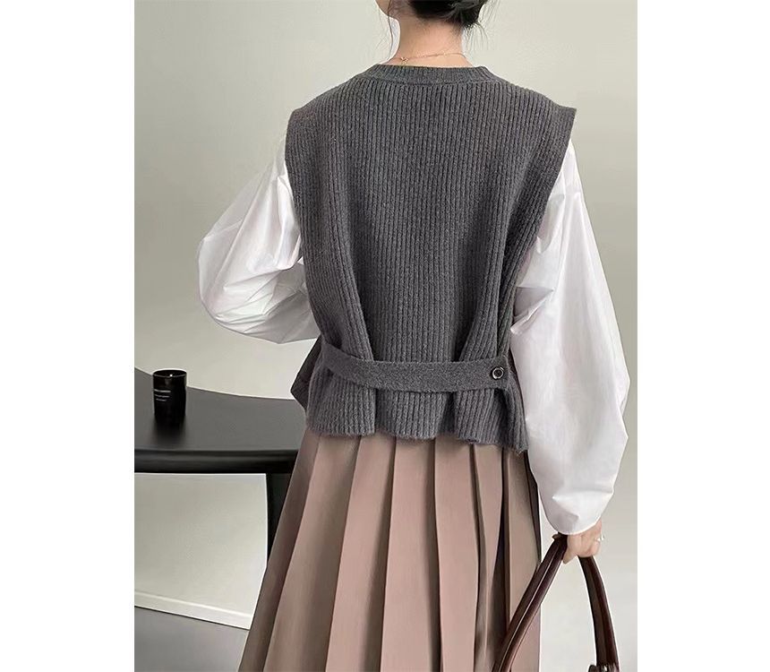 Button-Up Sweater Vest Crew Asymmetrical Neck Plain Hem