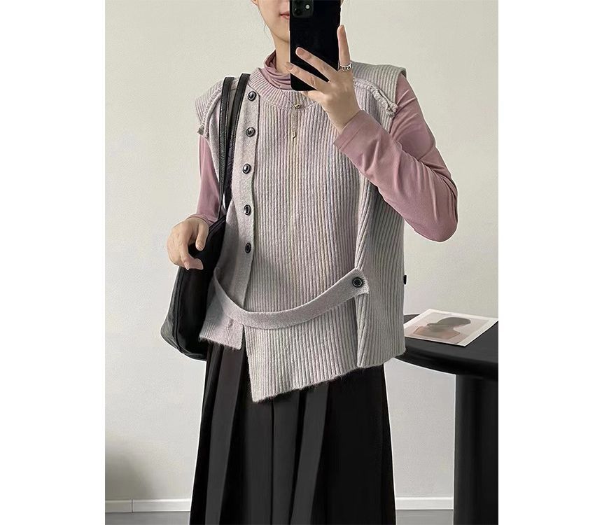 Button-Up Sweater Vest Crew Asymmetrical Neck Plain Hem