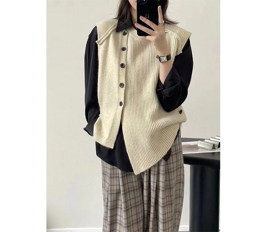 Button-Up Sweater Vest Crew Asymmetrical Neck Plain Hem