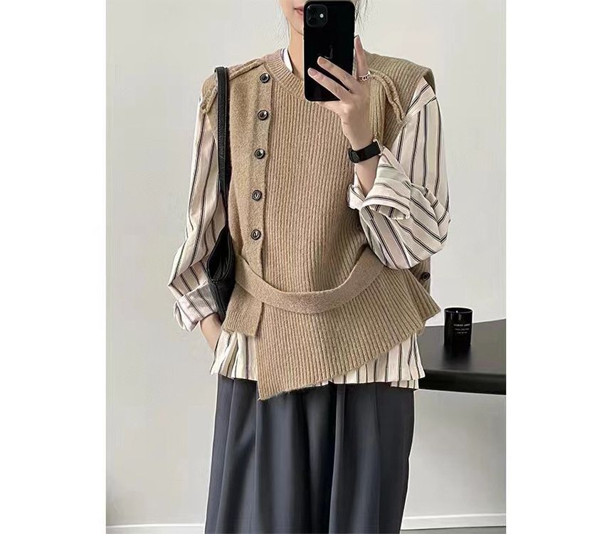 Button-Up Sweater Vest Crew Asymmetrical Neck Plain Hem