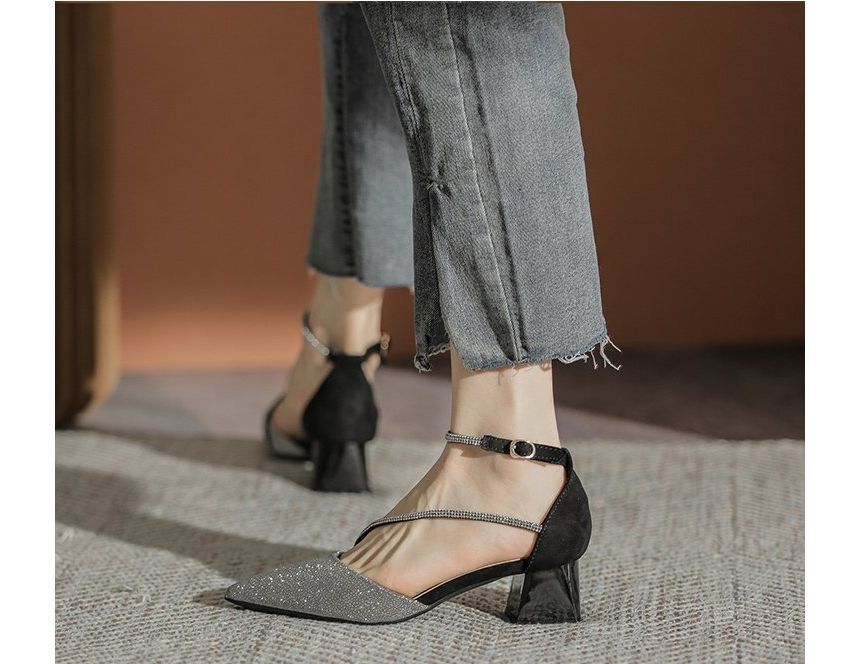 Block Heel Pointy Sandals Rhinestone