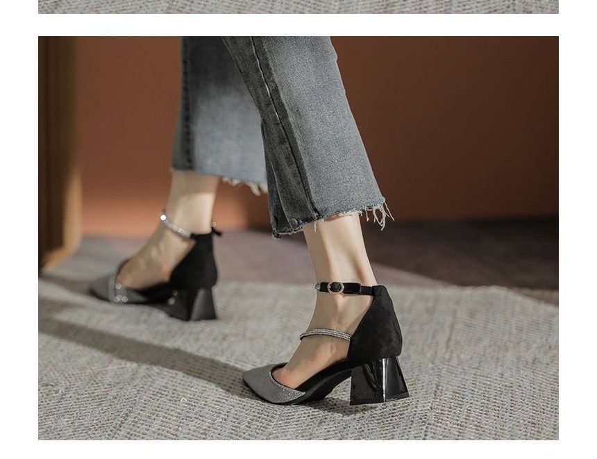 Block Heel Pointy Sandals Rhinestone