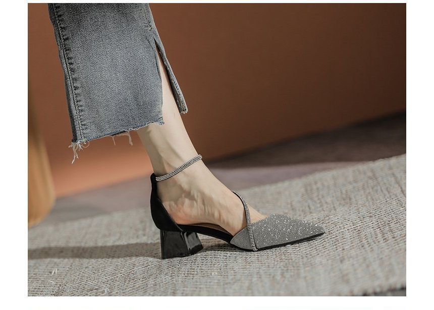 Block Heel Pointy Sandals Rhinestone