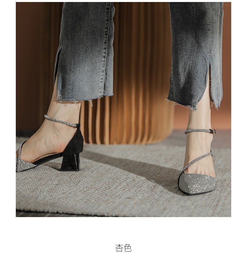 Block Heel Pointy Sandals Rhinestone