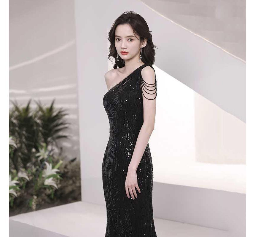 One-Shoulder Sequin Evening Dress Mermaid Sleeveless Maxi