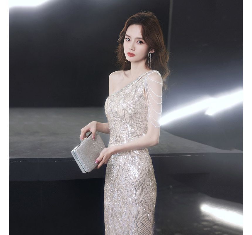 One-Shoulder Sequin Evening Dress Mermaid Sleeveless Maxi