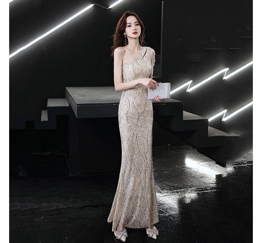 One-Shoulder Sequin Evening Dress Mermaid Sleeveless Maxi