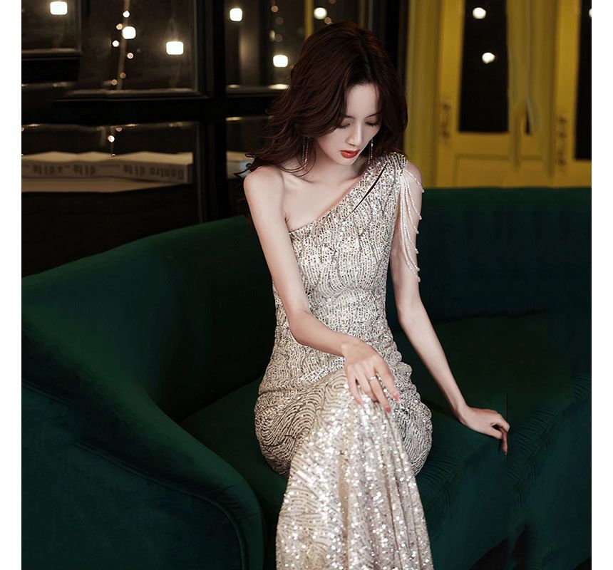 One-Shoulder Sequin Evening Dress Mermaid Sleeveless Maxi