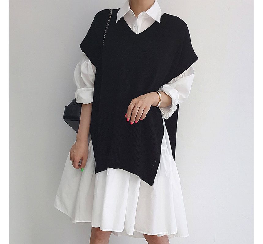 V-Neck Plain Slit Sweater Vest / Long-Sleeve Tiered A-Line Shirt Dress