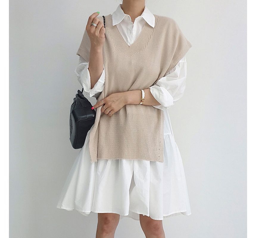 V-Neck Plain Slit Sweater Vest / Long-Sleeve Tiered A-Line Shirt Dress