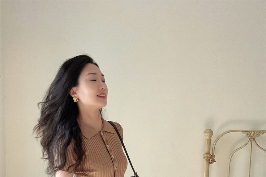 Plain Dress Sheath Knit Short-Sleeve Midi Polo