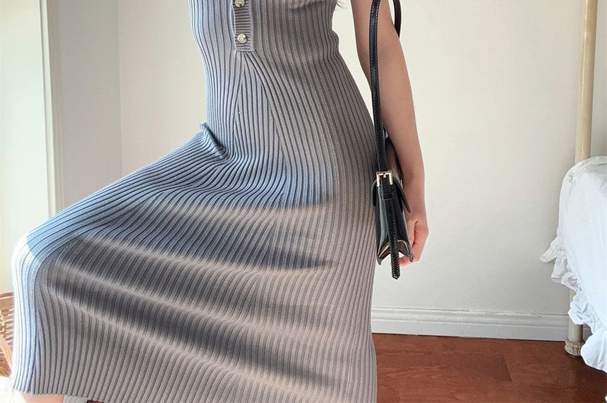 Plain Dress Sheath Knit Short-Sleeve Midi Polo