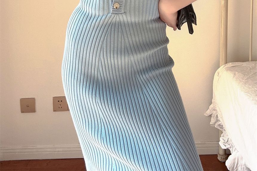 Plain Dress Sheath Knit Short-Sleeve Midi Polo