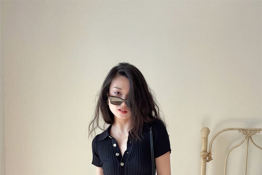 Plain Dress Sheath Knit Short-Sleeve Midi Polo