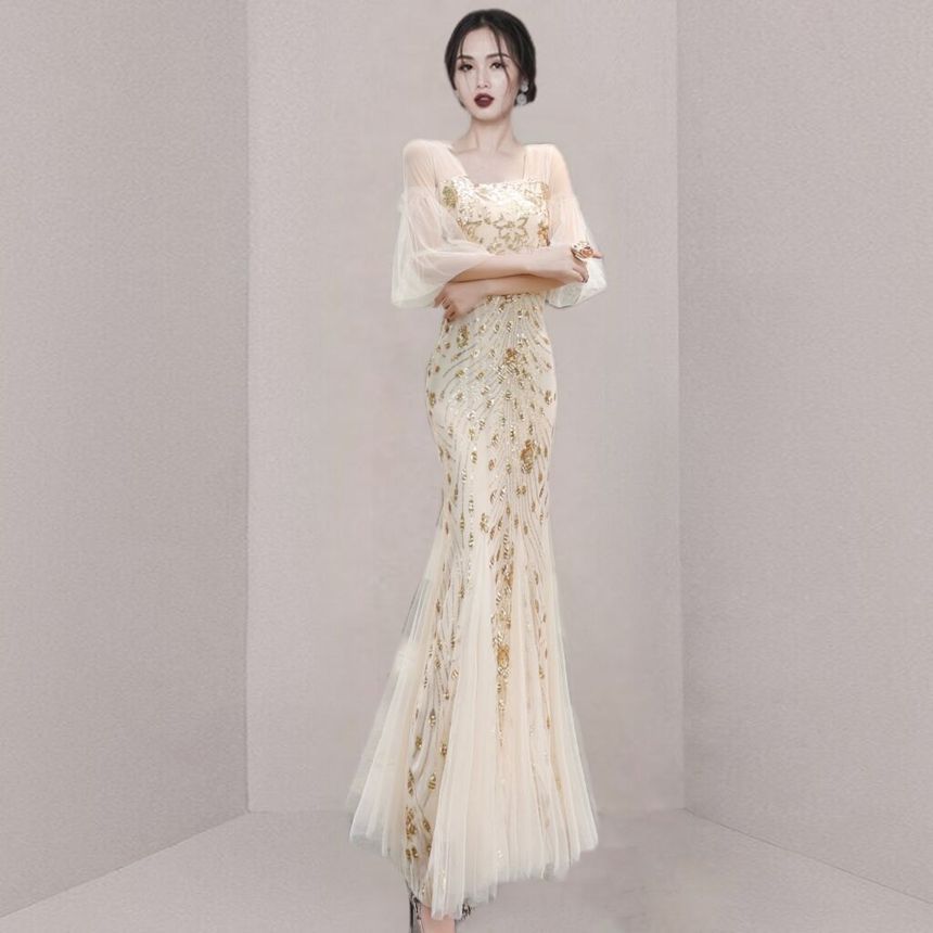 Mermaid Mesh Gown Short-Sleeve Evening Print Panel