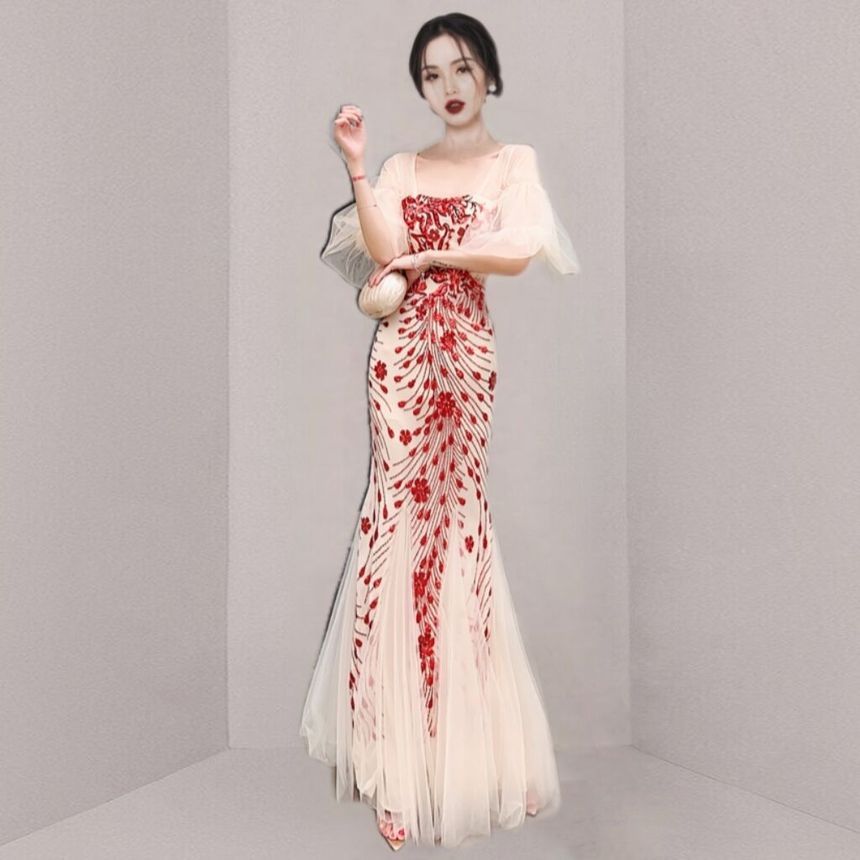 Mermaid Mesh Gown Short-Sleeve Evening Print Panel