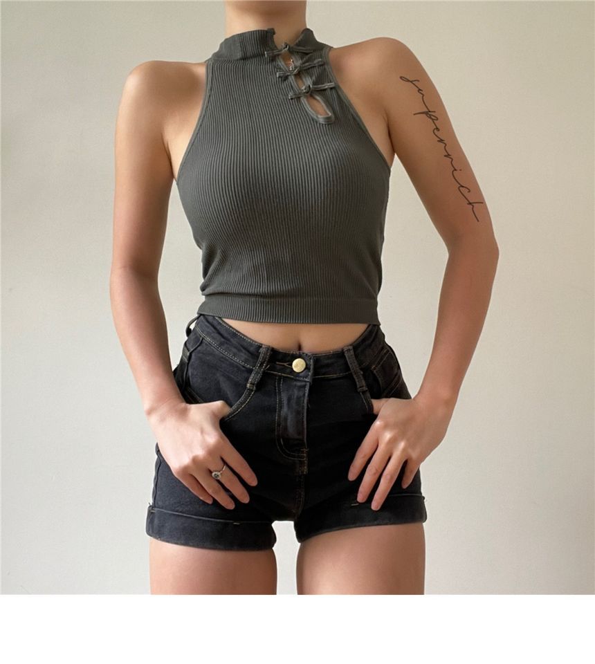 Frog Plain Tank Top Crop Button Padded