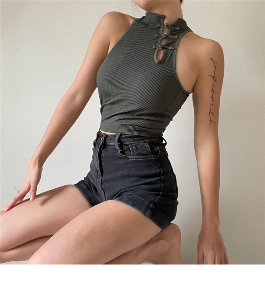 Frog Plain Tank Top Crop Button Padded