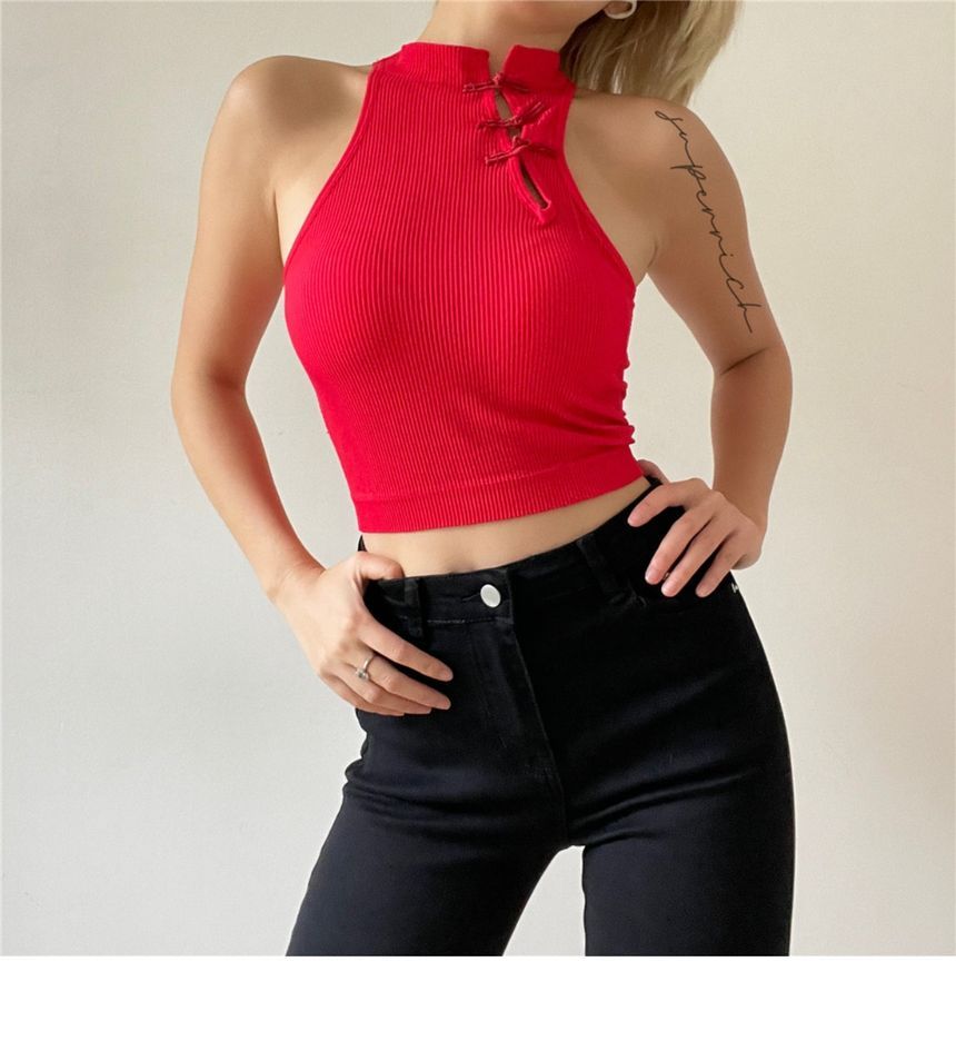 Frog Plain Tank Top Crop Button Padded