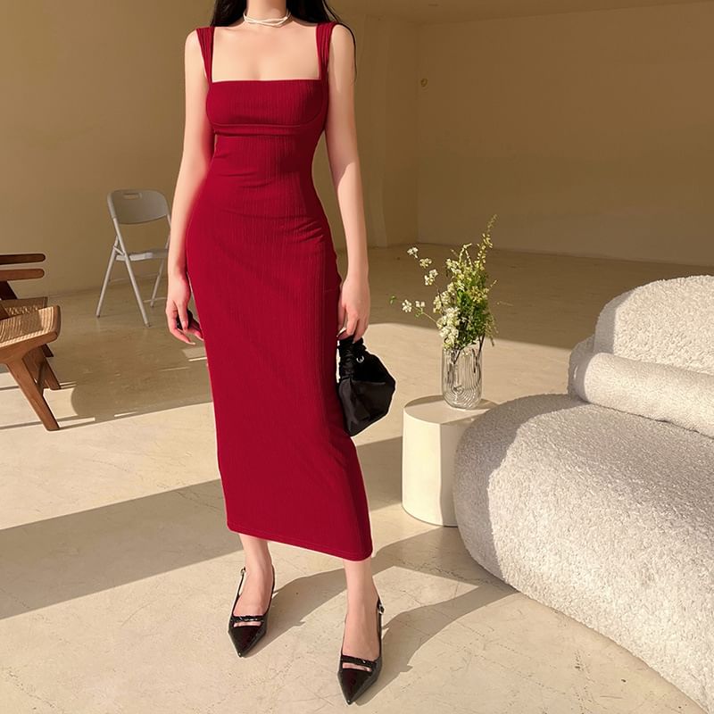 Sleeveless Dress Plain Maxi Sheath Square Neck
