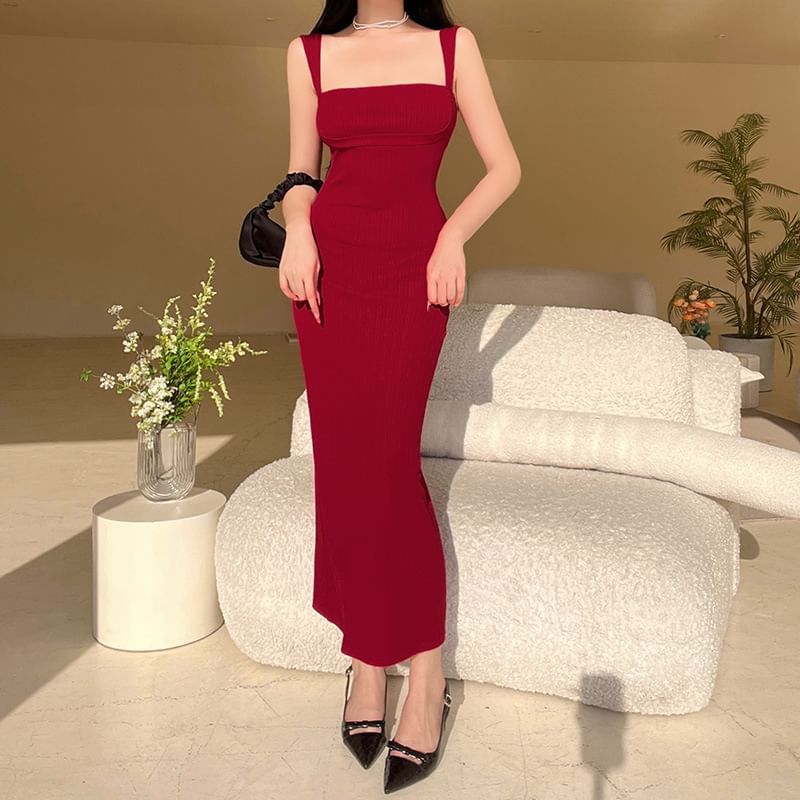 Sleeveless Dress Plain Maxi Sheath Square Neck