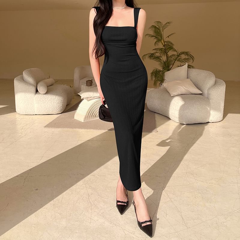 Sleeveless Dress Plain Maxi Sheath Square Neck