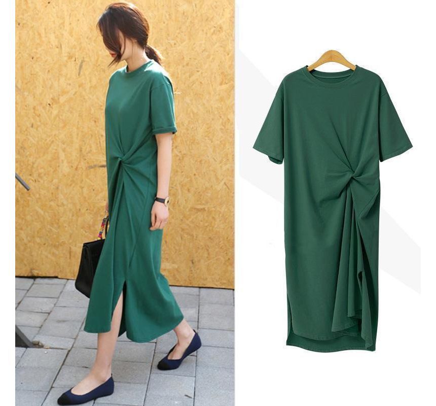 Short-Sleeve Crew Twist Midi Plain Dress T-Shirt Neck
