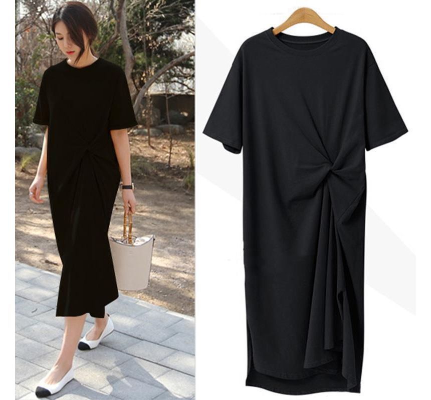 Short-Sleeve Crew Twist Midi Plain Dress T-Shirt Neck