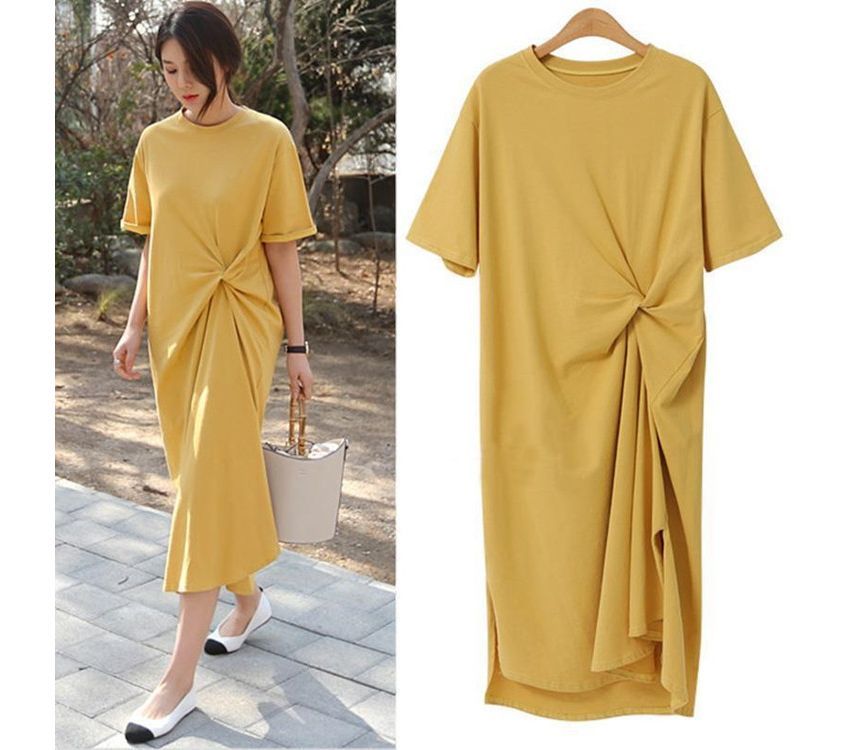 Short-Sleeve Crew Twist Midi Plain Dress T-Shirt Neck