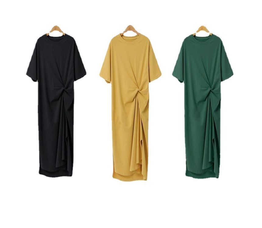 Short-Sleeve Crew Twist Midi Plain Dress T-Shirt Neck