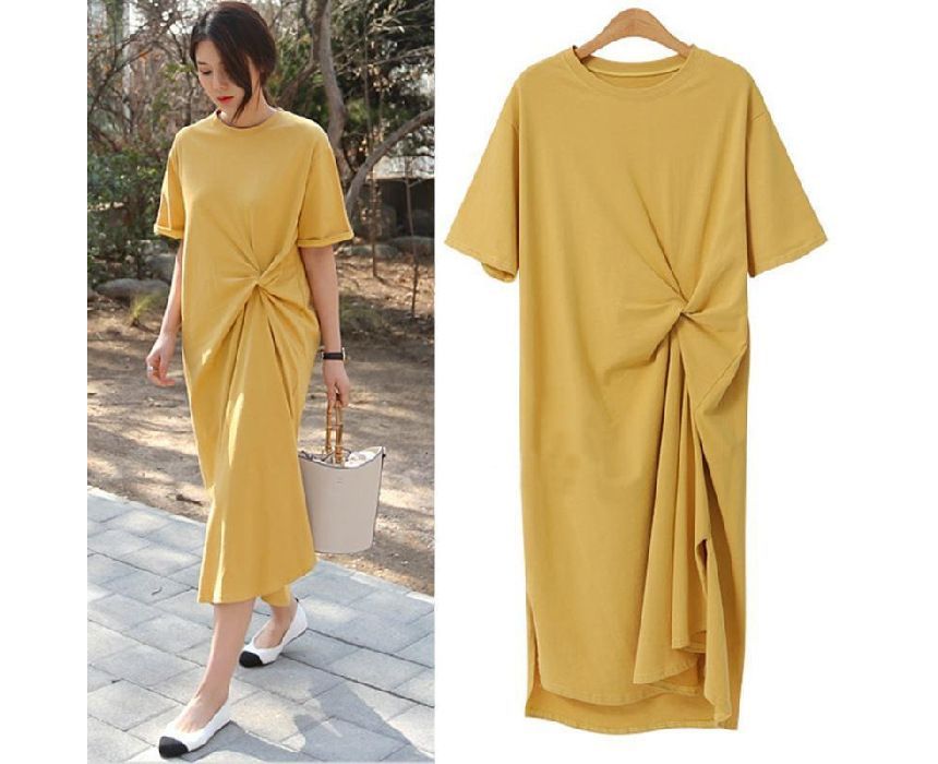 Short-Sleeve Crew Twist Midi Plain Dress T-Shirt Neck