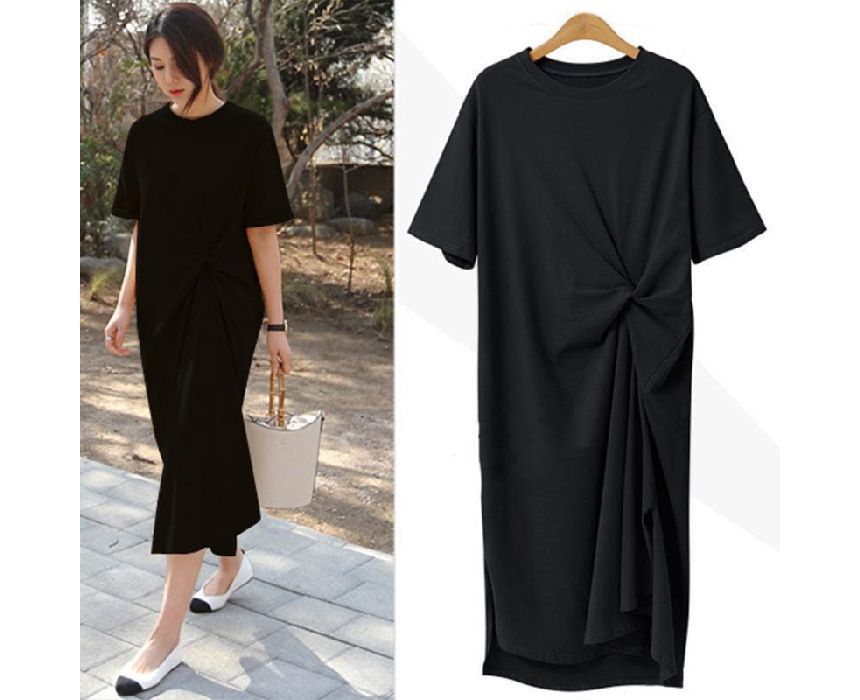 Short-Sleeve Crew Twist Midi Plain Dress T-Shirt Neck
