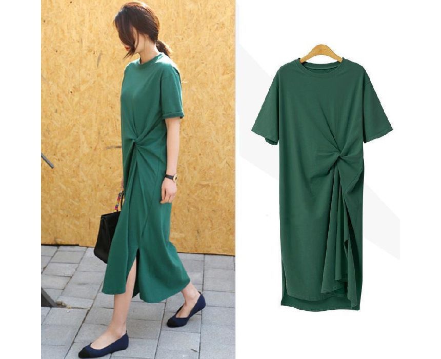 Short-Sleeve Crew Twist Midi Plain Dress T-Shirt Neck
