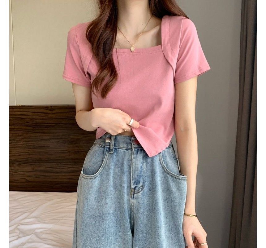 Square Short-Sleeve T-Shirt Irregular Neck Cropped