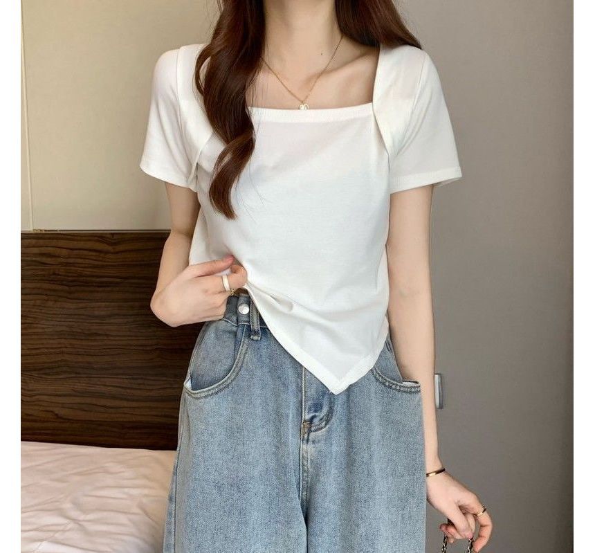 Square Short-Sleeve T-Shirt Irregular Neck Cropped