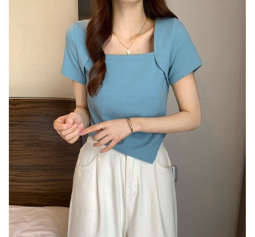 Square Short-Sleeve T-Shirt Irregular Neck Cropped