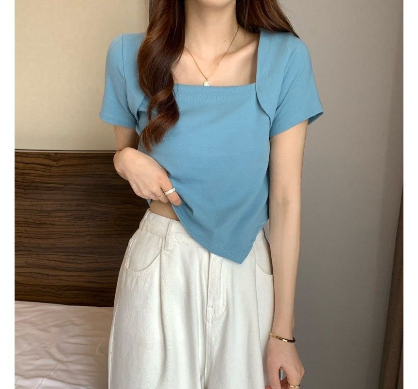 Square Short-Sleeve T-Shirt Irregular Neck Cropped