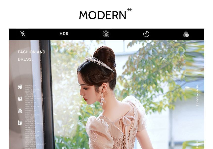 Gown A-Line Evening Rhinestone Short-Sleeve