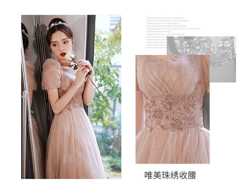 Gown A-Line Evening Rhinestone Short-Sleeve