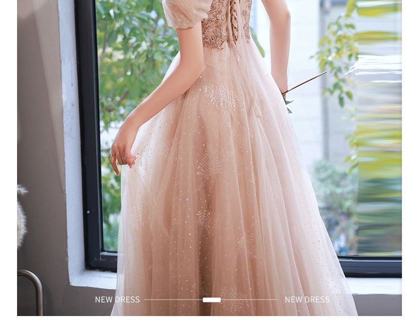 Gown A-Line Evening Rhinestone Short-Sleeve