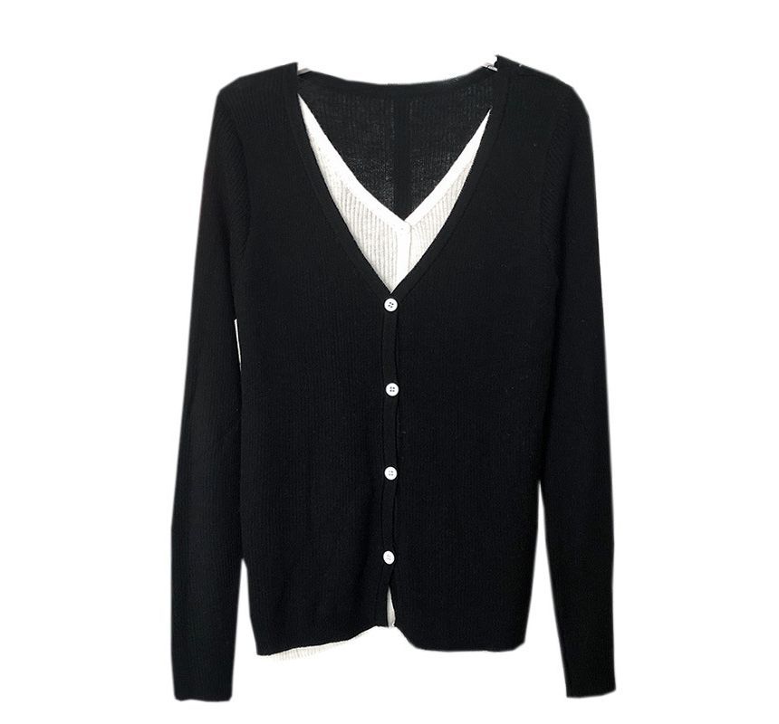 Two-Piece Mock Button-Up Knit V-Neck Two Top Tone Long-Sleeve