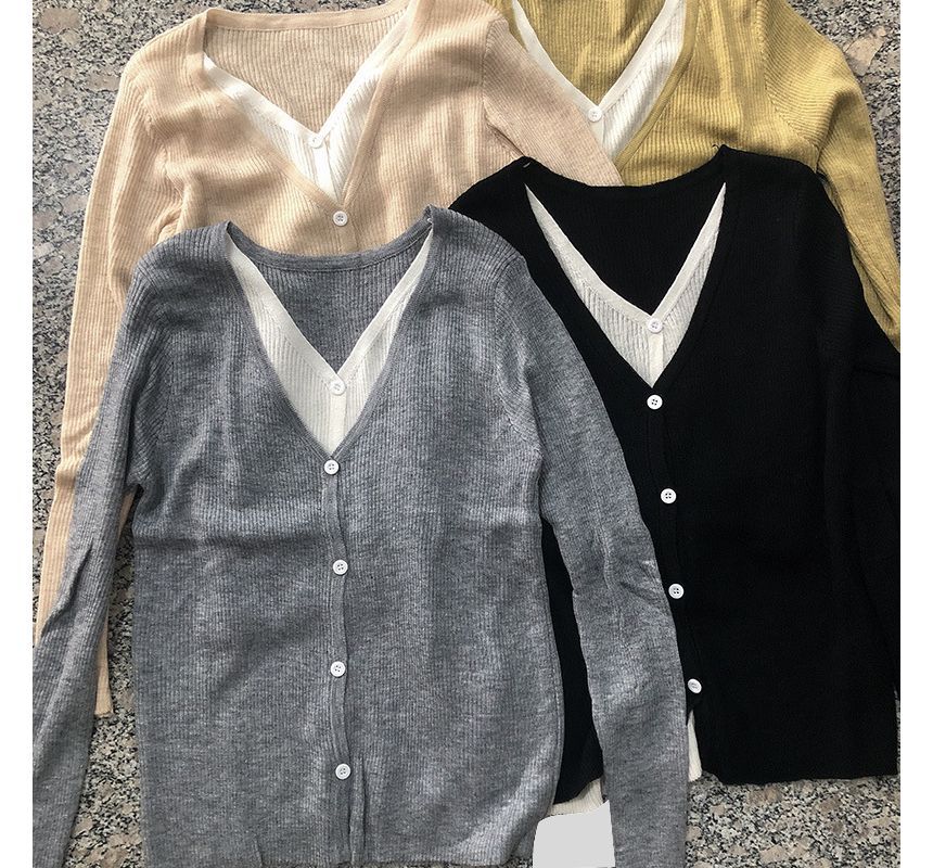 Two-Piece Mock Button-Up Knit V-Neck Two Top Tone Long-Sleeve