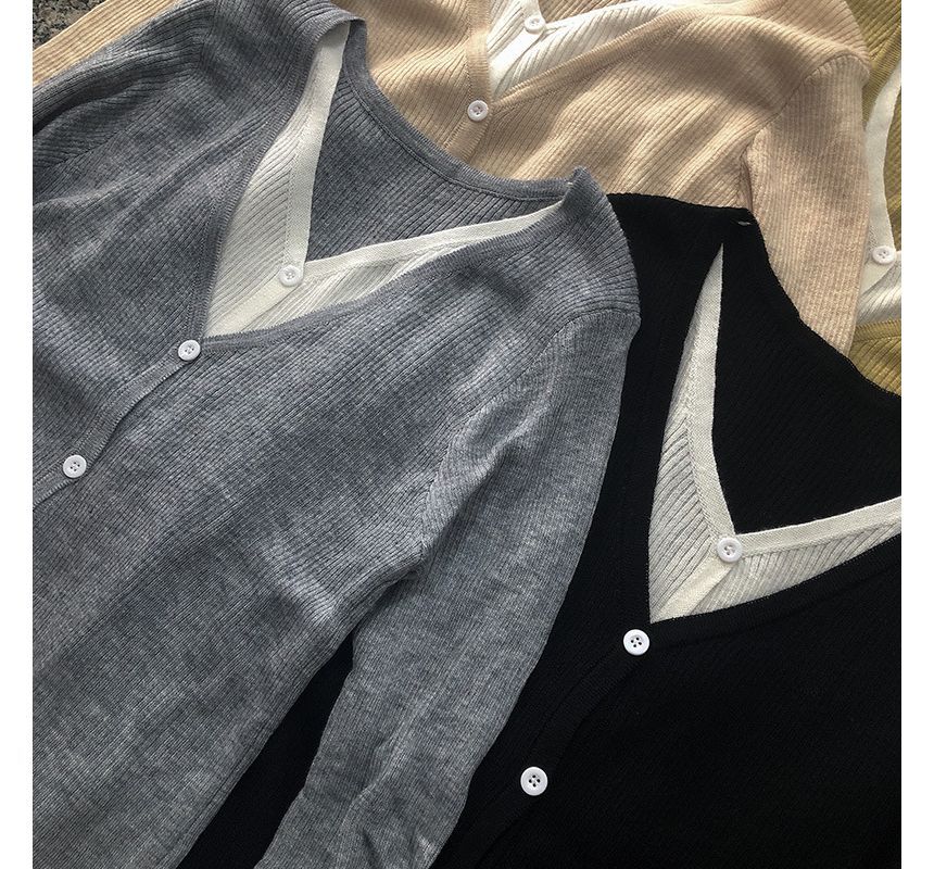 Two-Piece Mock Button-Up Knit V-Neck Two Top Tone Long-Sleeve